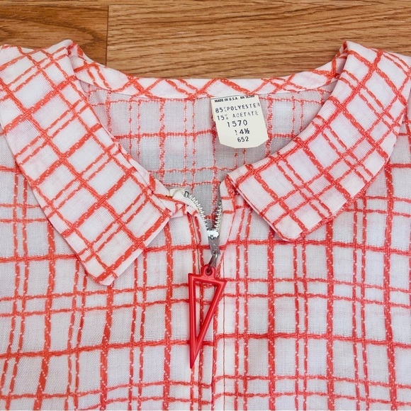VINTAGE 60s 70s Deadstock Checkered Coral MCM Retro House Coat Dress Women’s - Picture 2 of 5